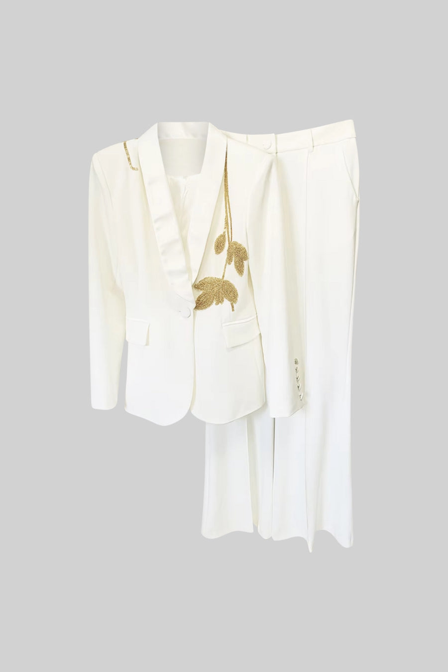 Blazer e Calças Bordados com Folhas Douradas Sob Medida - Branco