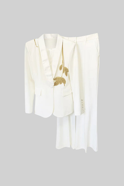 Blazer e Calças Bordados com Folhas Douradas Sob Medida - Branco