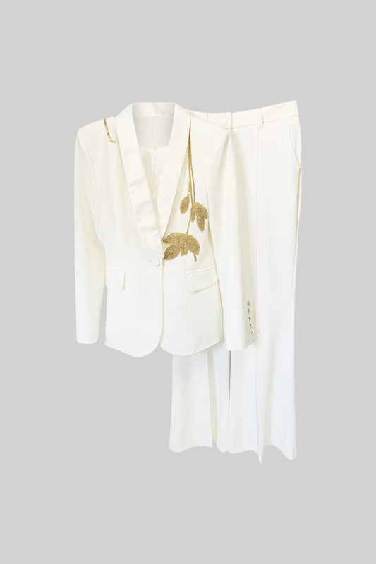 Blazer e Calças Bordados com Folhas Douradas - Branco