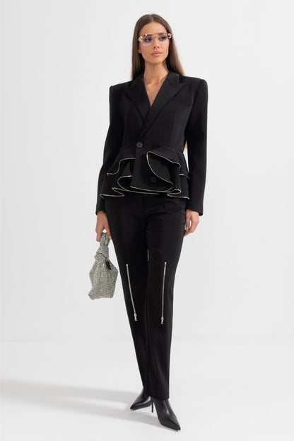 Conjunto Co-Ord Contemporâneo Com Detalhes Ruffle E Zíperes - Preto
