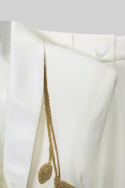 Blazer e Calças Bordados com Folhas Douradas - Branco