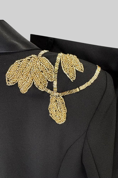 Blazer e Calças Luxuosos com Bordado de Folha Dourada - Preto