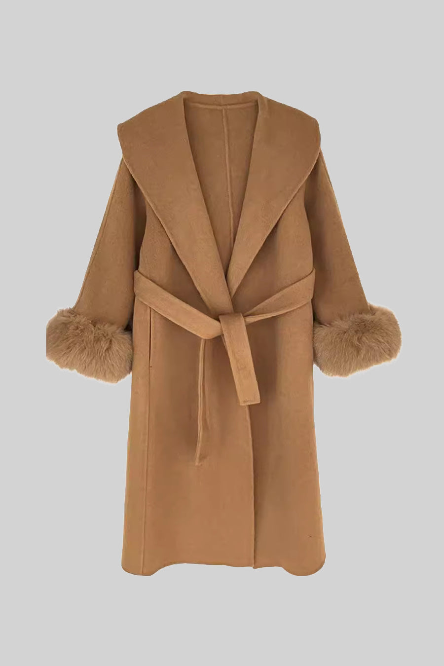 Casaco Longo de Cashmere Luxuoso com Punhos de Pele de Raposa - Castanho