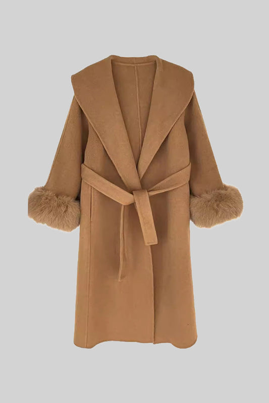 Casaco Longo de Cashmere Luxuoso com Punhos de Pele de Raposa - Castanho