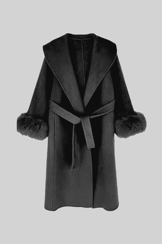 Casaco Longo de Cashmere Luxuoso com Punhos de Pele de Raposa - Preto