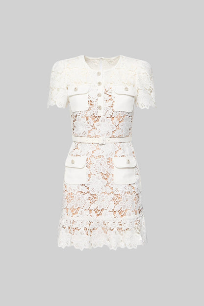 Vestido Floral Bordado de Manga Curta - Branco