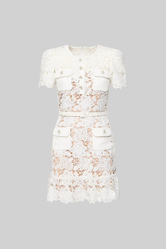 Vestido Floral Bordado de Manga Curta - Branco