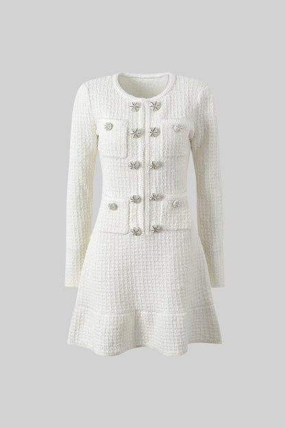 Vestido Tricotado Branco de Manga Longa e Comprimento até ao Joelho