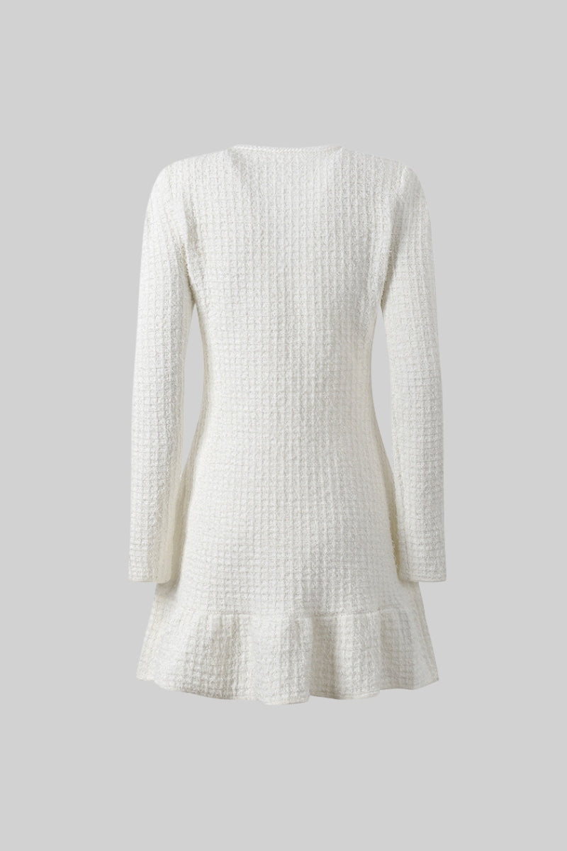 Vestido Tricotado de Manga Longa até ao Joelho - Branco