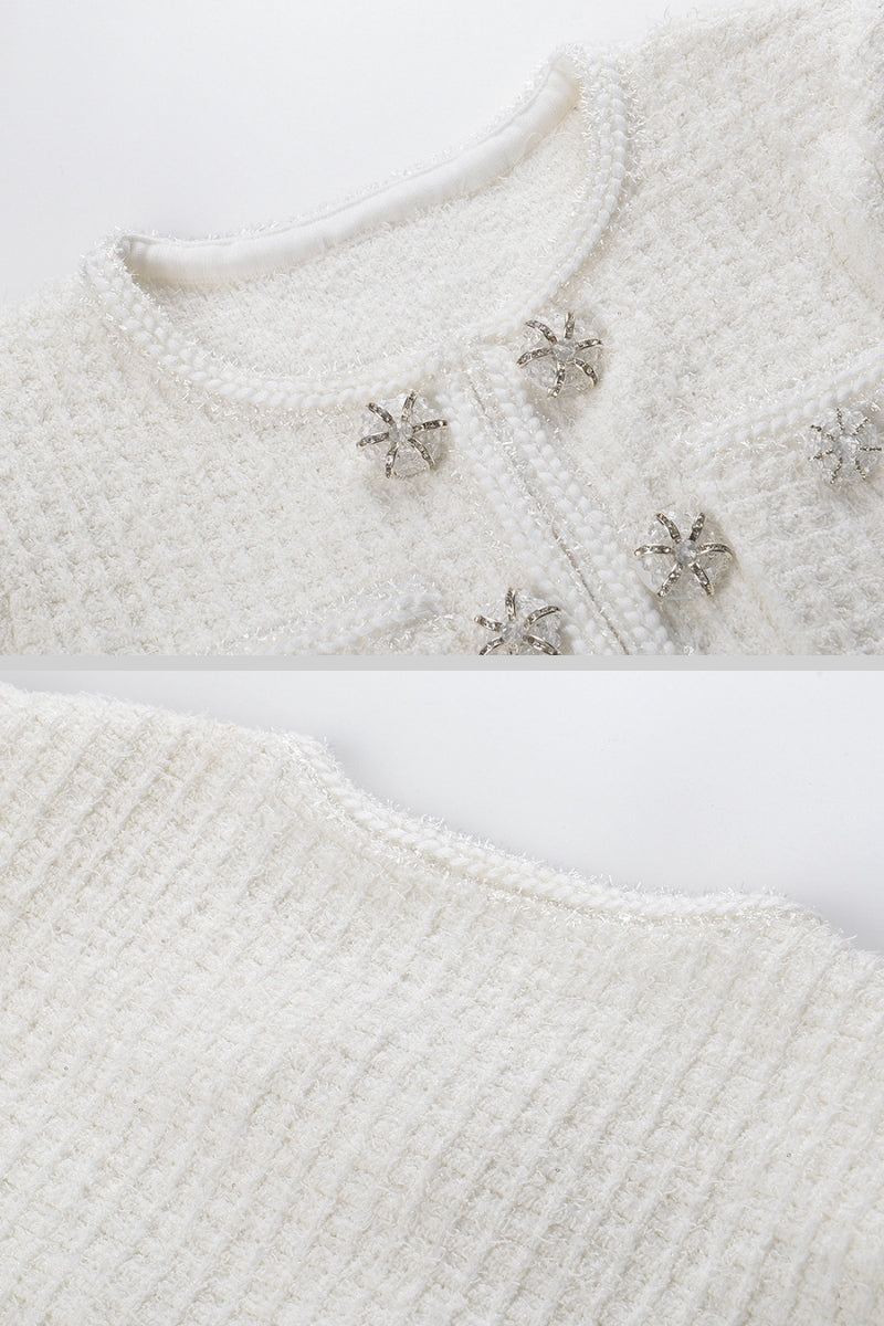 Vestido Tricotado de Manga Longa até ao Joelho - Branco