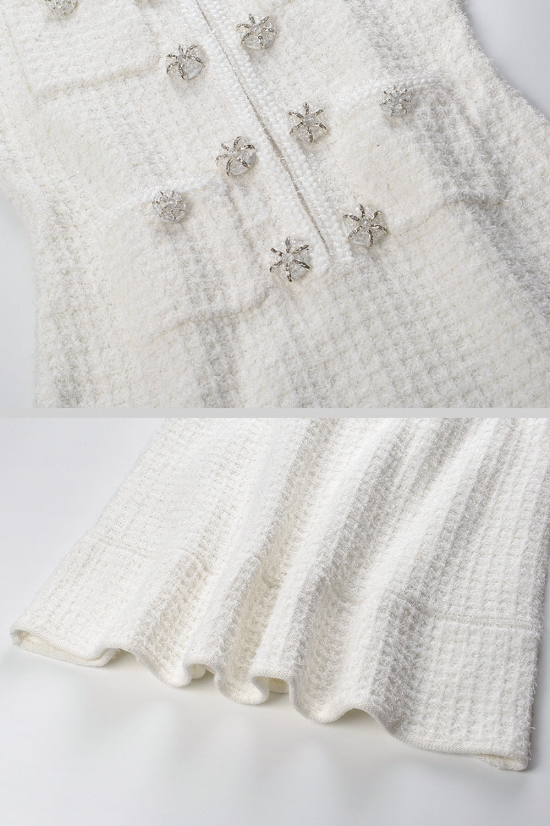 Vestido Tricotado de Manga Longa até ao Joelho - Branco