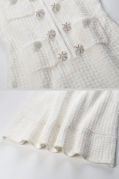 Vestido Tricotado de Manga Longa até ao Joelho - Branco
