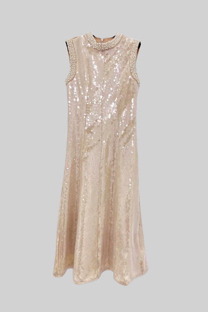 Vestido Elegante de Lantejoulas com Aplicações de Pérolas Brancas - Bege