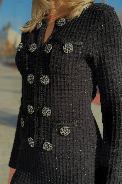 Vestido Tricotado Preto de Manga Longa até ao Joelho
