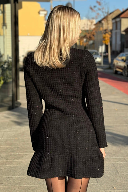 Vestido Tricotado Preto de Manga Longa até ao Joelho