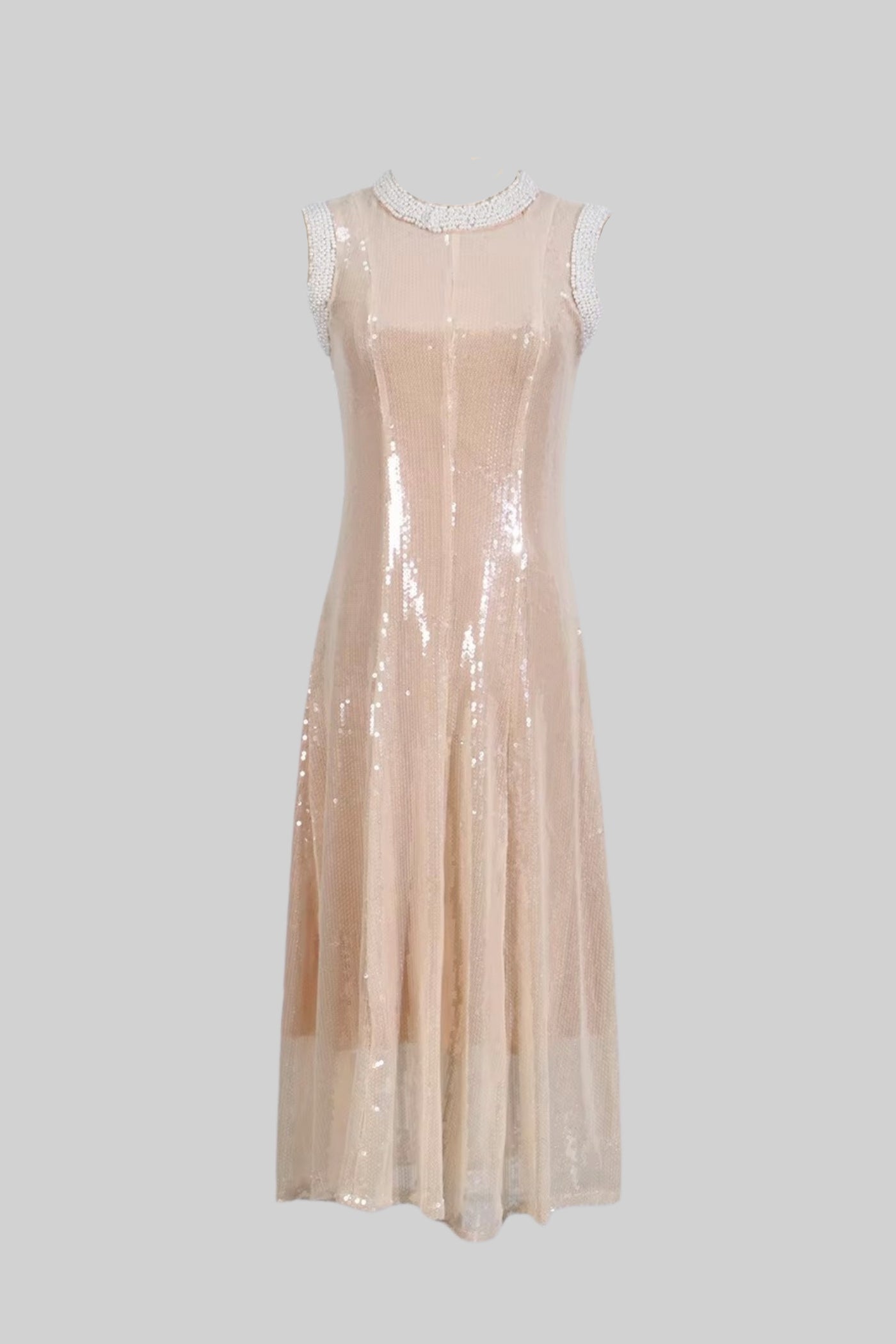 Vestido Elegante de Lantejoulas com Aplicações de Pérolas Brancas - Bege