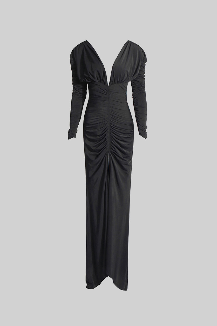 Vestido Elegante Pregueado com Decote Profundo - Preto
