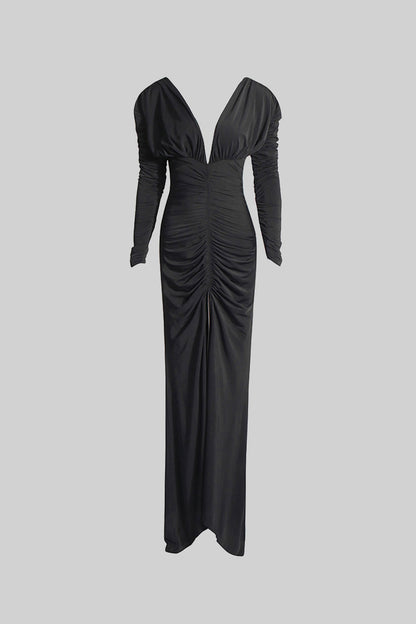 Vestido Elegante Pregueado com Decote Profundo - Preto