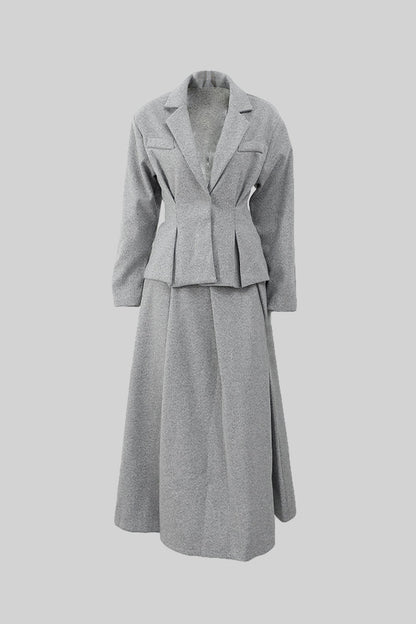 Conjunto Elegante de Blazer em Dois Peças e Saia Plissada - Cinza