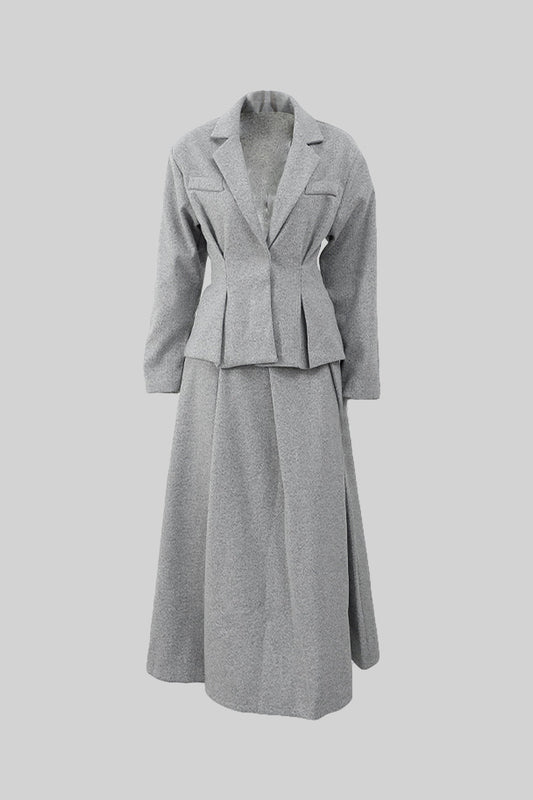 Conjunto Elegante de Blazer em Dois Peças e Saia Plissada - Cinza
