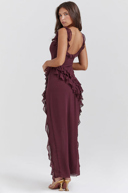 Vestido Giorgia comprido em chiffon com folhos e abertura