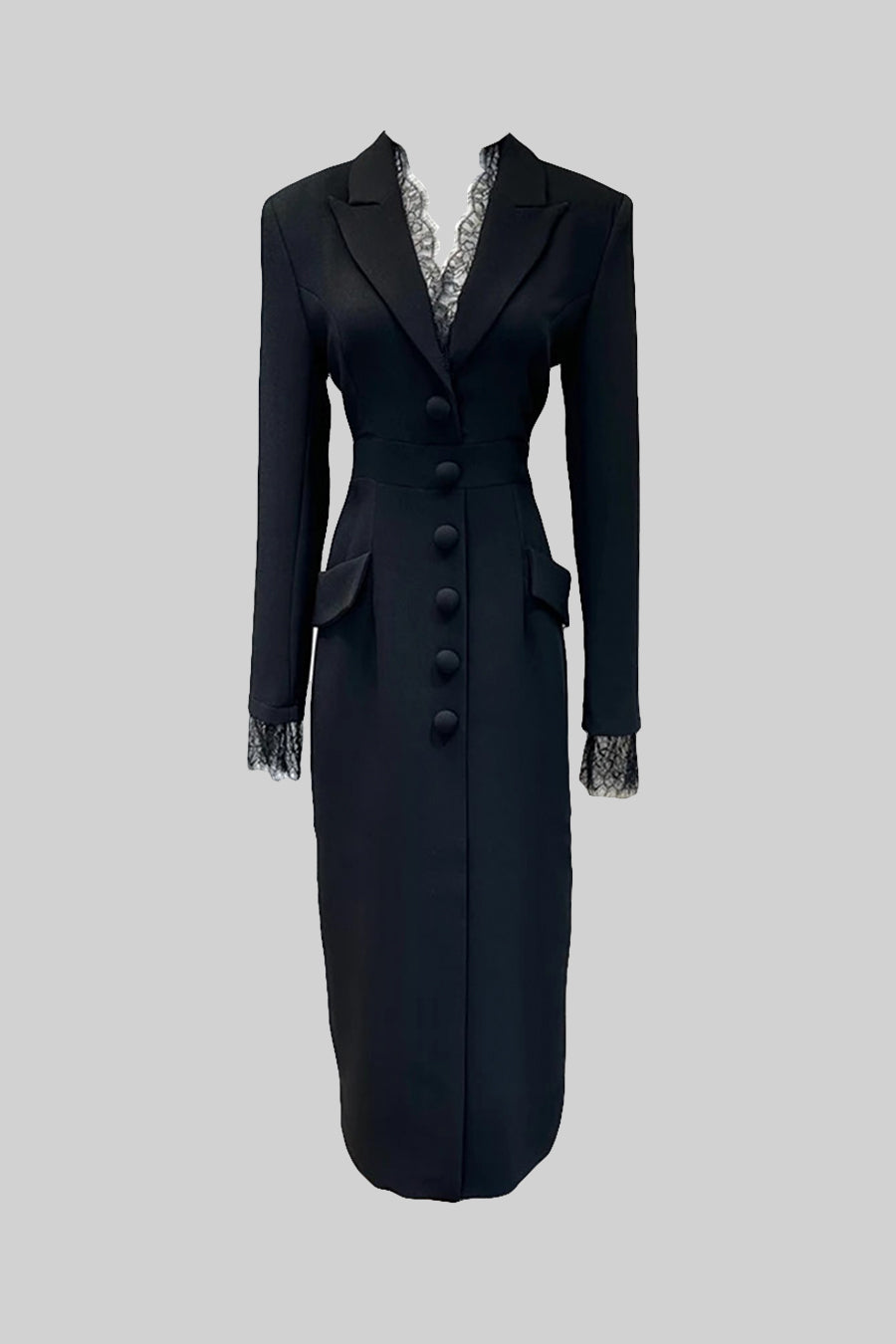 Vestido Elegante com Botões e Detalhes em Renda - Preto