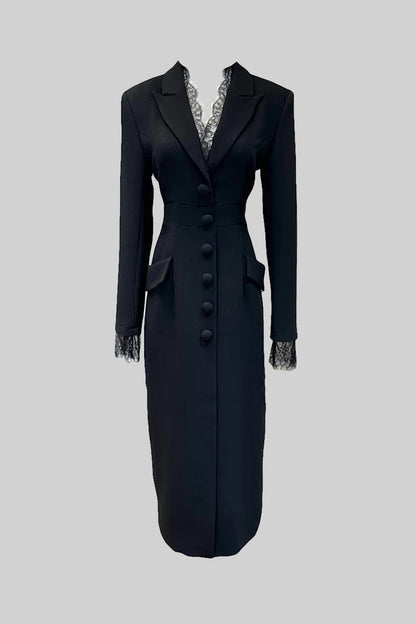Vestido Elegante com Botões e Detalhes em Renda - Preto