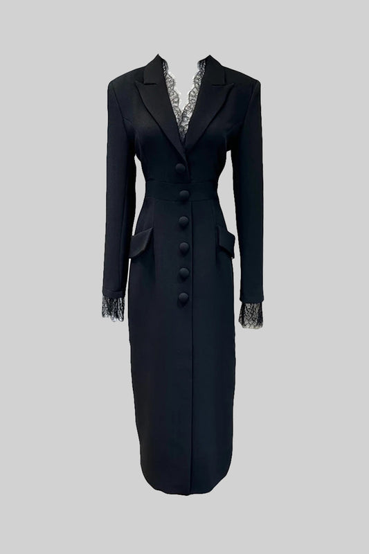 Vestido Elegante com Botões e Detalhes em Renda - Preto