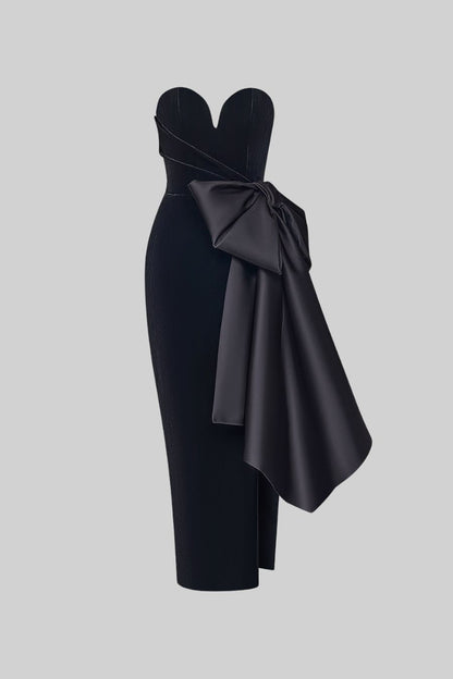 Vestido Elegante Sem Alças Com Laço de Cetim Drapeado - Preto