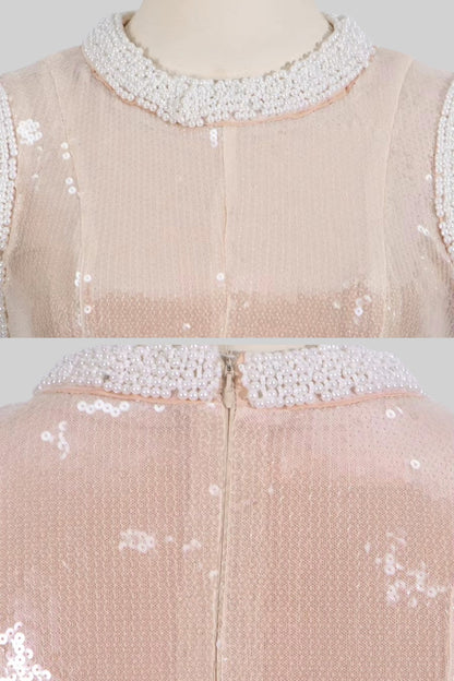 Vestido Elegante de Lantejoulas com Aplicações de Pérolas Brancas - Bege