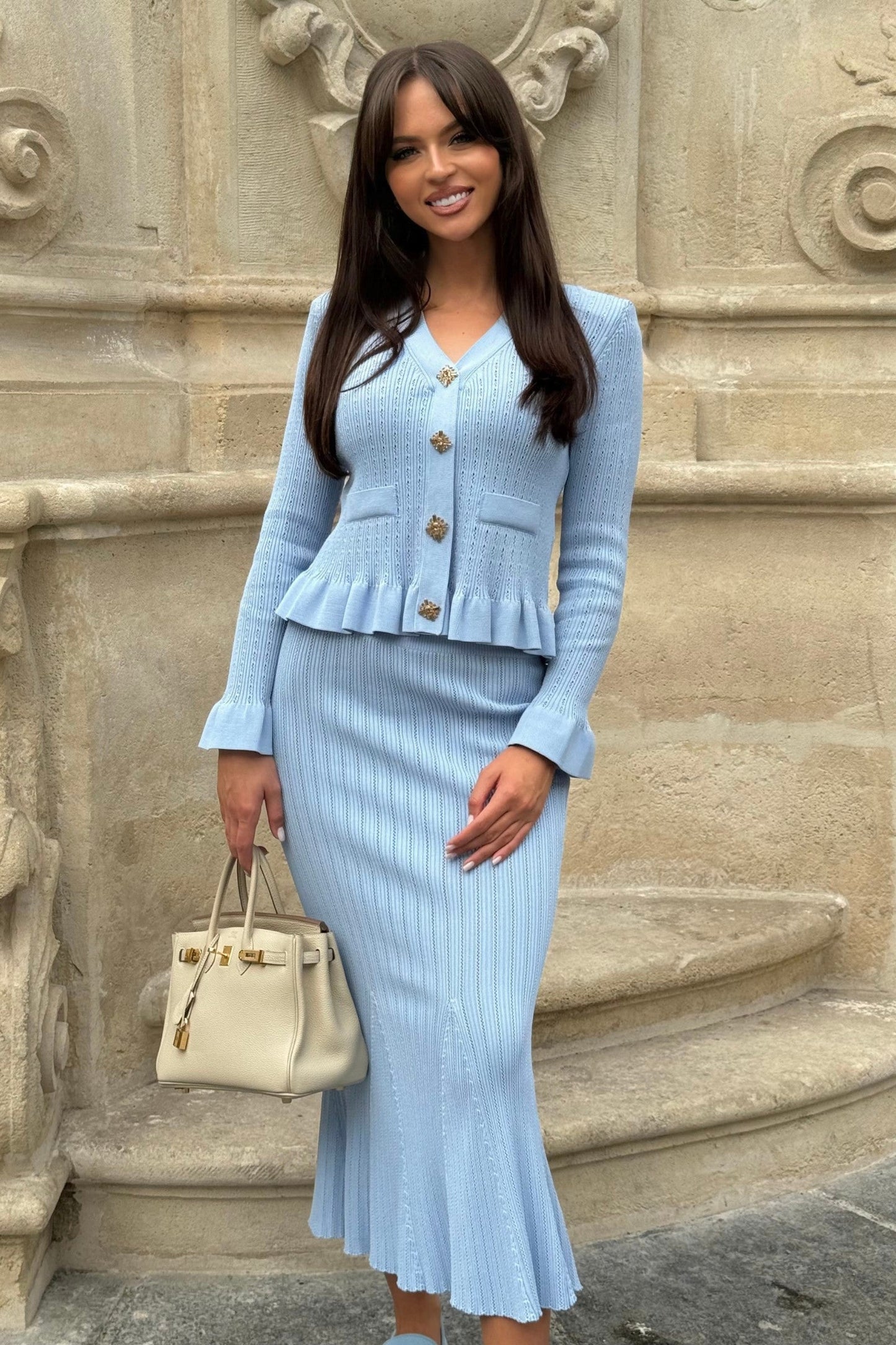 Conjunto de Malha com Casaco Rendido e Saia Larga - Azul Bebé