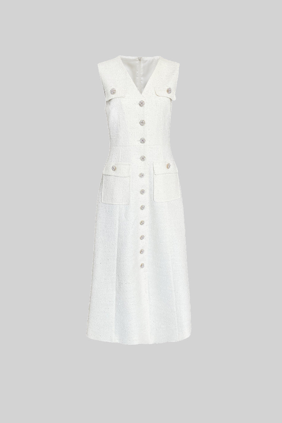 Vestido Texturizado Sem Mangas Com Bolsos Frontais - Branco