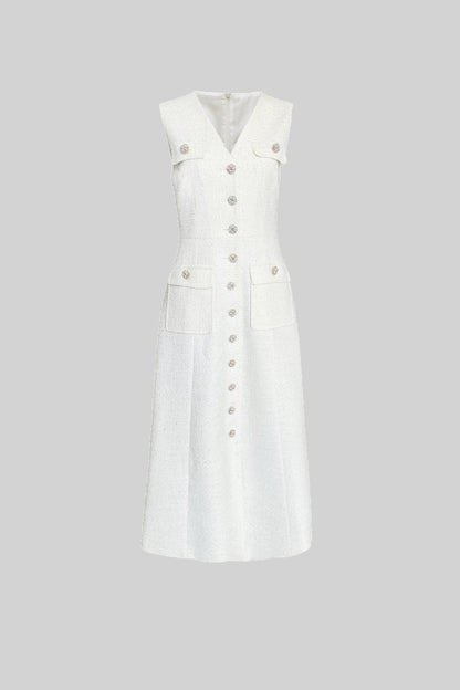 Vestido Texturizado Sem Mangas Com Bolsos Frontais - Branco