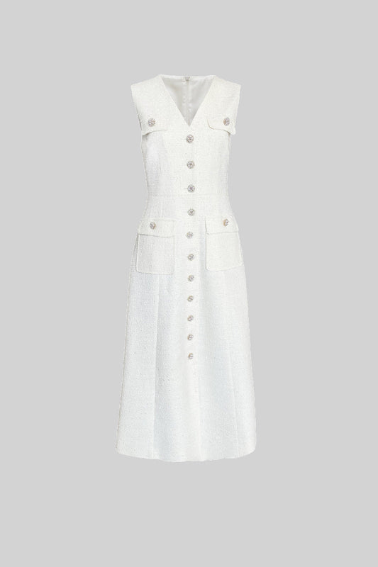Vestido Texturizado Sem Mangas Com Bolsos Frontais - Branco