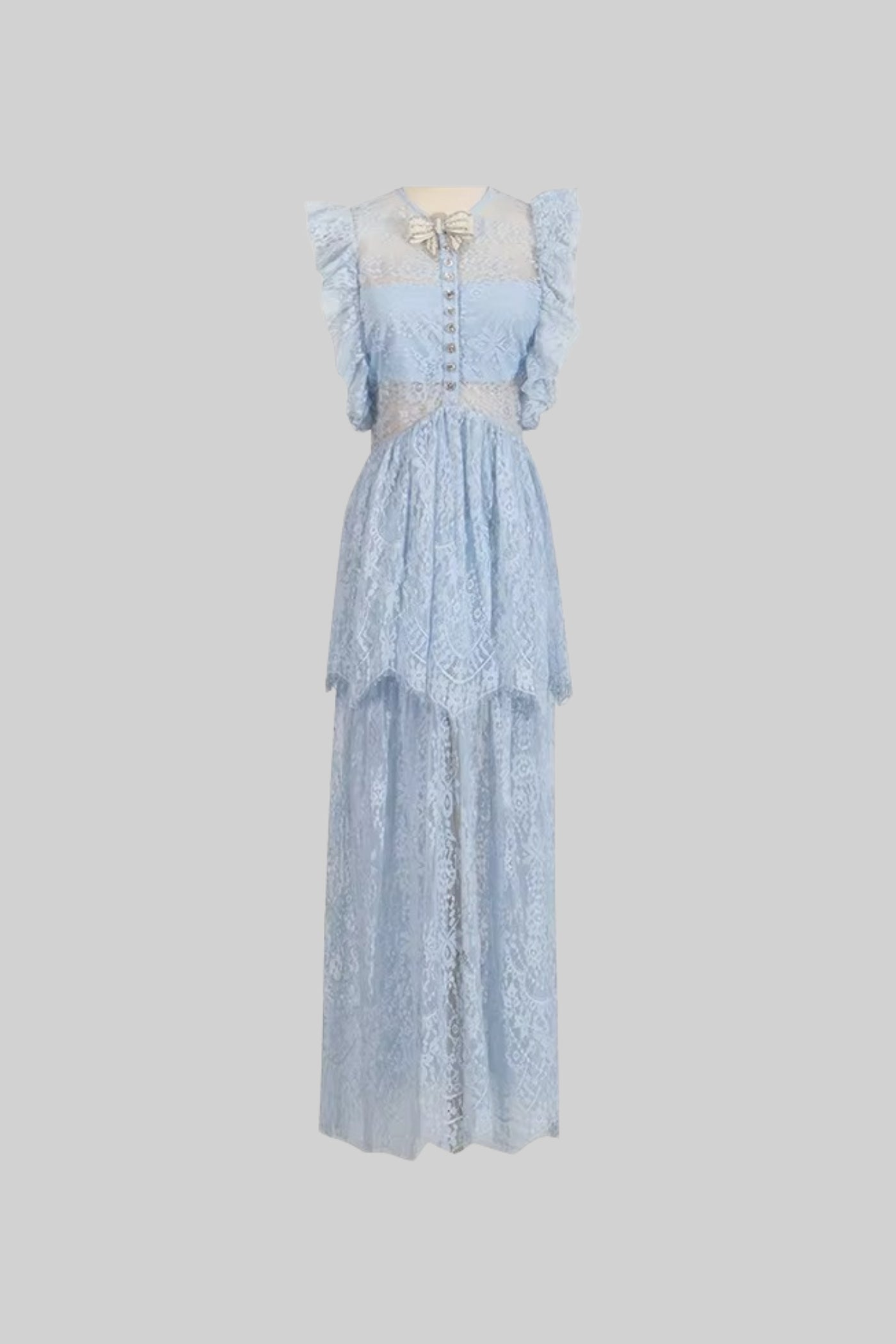 Vestido Elegante de Renda Inspirado no Vintage com Detalhes em Renda e Saia em Camadas - Azul