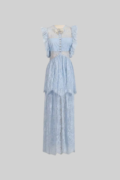 Vestido Elegante de Renda Inspirado no Vintage com Detalhes em Renda e Saia em Camadas - Azul