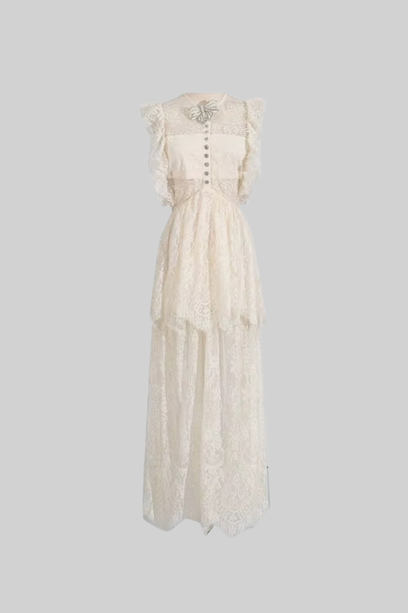 Vestido de Renda Elegante Inspirado no Vintage com Detalhes em Renda e Saia em Camadas - Ivoire