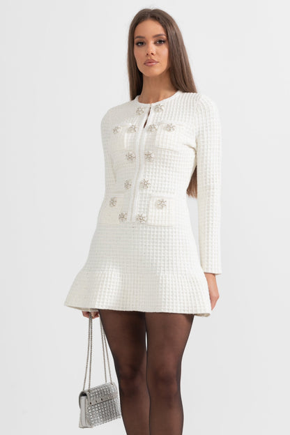 Vestido Tricotado de Manga Longa até ao Joelho - Branco