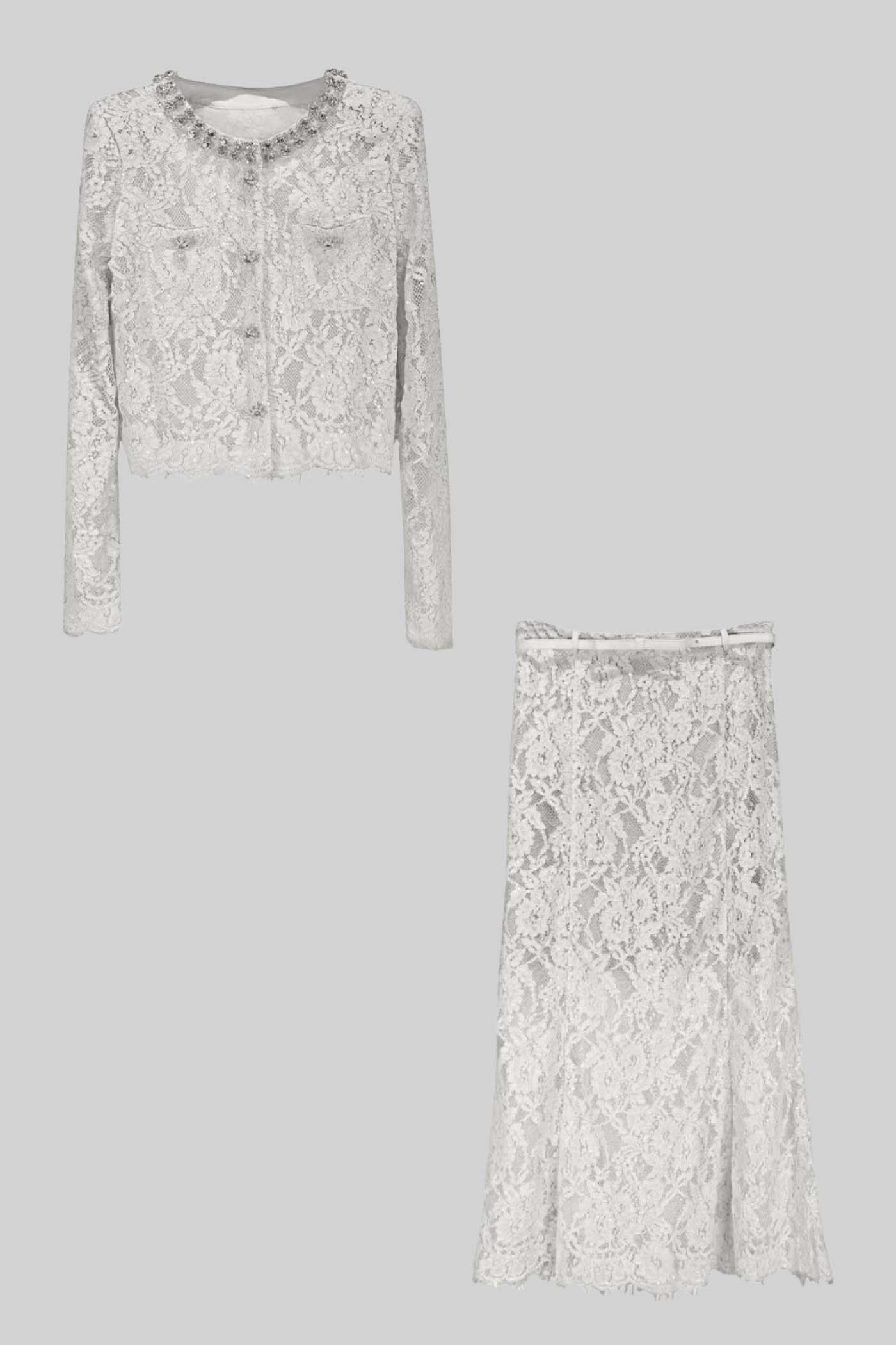 Conjunto de Renda com Detalhes Brilhantes no Decote e Saia Midi - Branco