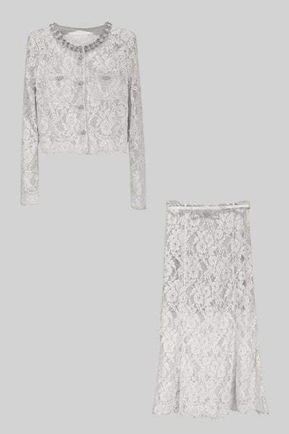 Conjunto de Renda com Detalhes Brilhantes no Decote e Saia Midi - Branco