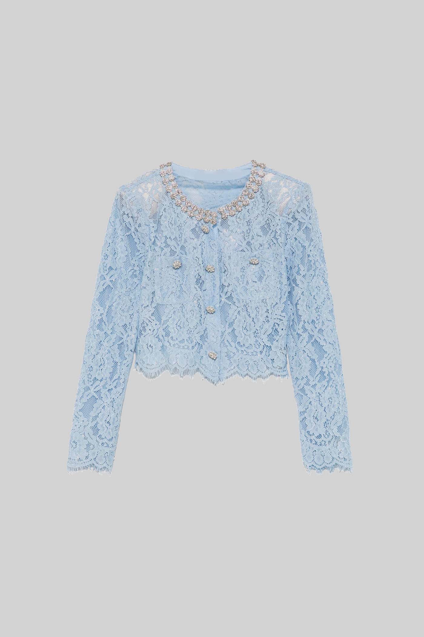 Conjunto de Renda com Detalhes Brilhantes no Decote e Saia Midi - Azul