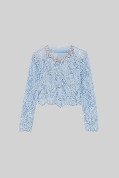 Conjunto de Renda com Detalhes Brilhantes no Decote e Saia Midi - Azul