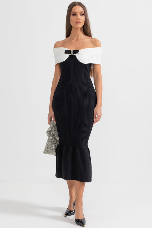 Vestido Midi de Sereia Sofisticado com Laço - Preto