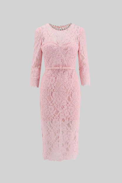 Vestido Elegante de Renda de Manga Longa com Cinto Correspondente - Rosa