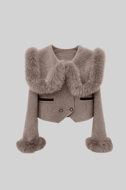 Casaco Cropped de Dupla Abotoadura com Aplicação de Gola de Pelo - Castanho