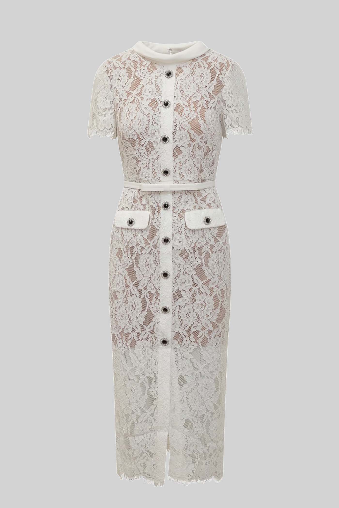 Vestido Elegante de Renda de Manga Curta com Cinto a Condizer - Branco