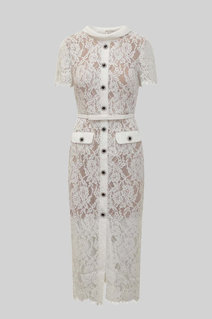 Vestido Elegante de Renda de Manga Curta com Cinto a Condizer - Branco