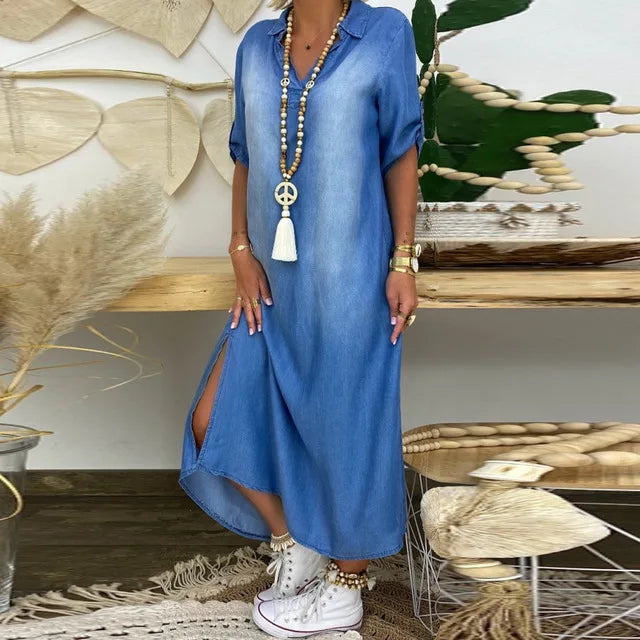 Lea | Vestido longo em look jeans com fenda lateral