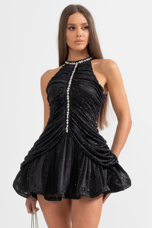 Vestido Halter Sem Mangas com Acentos de Pérola - Preto