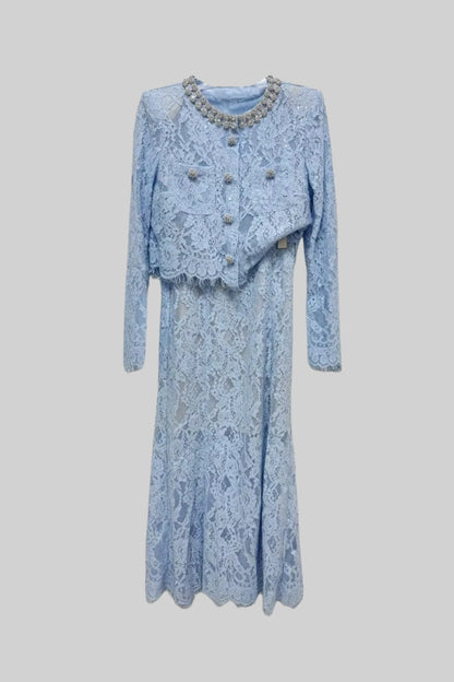 Conjunto de Renda com Detalhes Brilhantes no Decote e Saia Midi - Azul